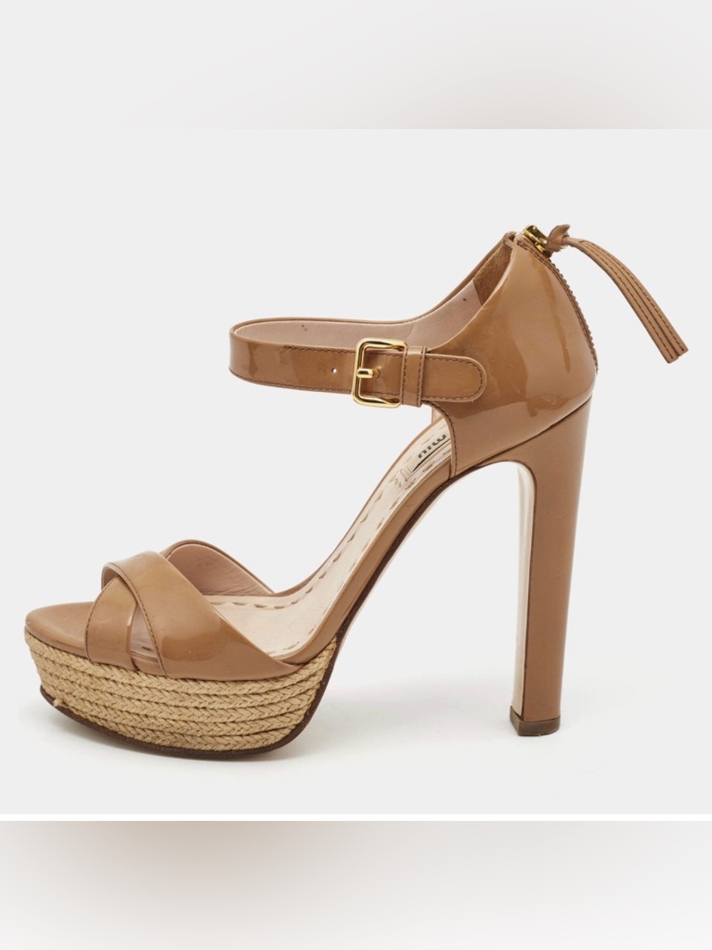 Miu Miu Brown Patent Leather Ankle Strap Platform Sandals Size 41